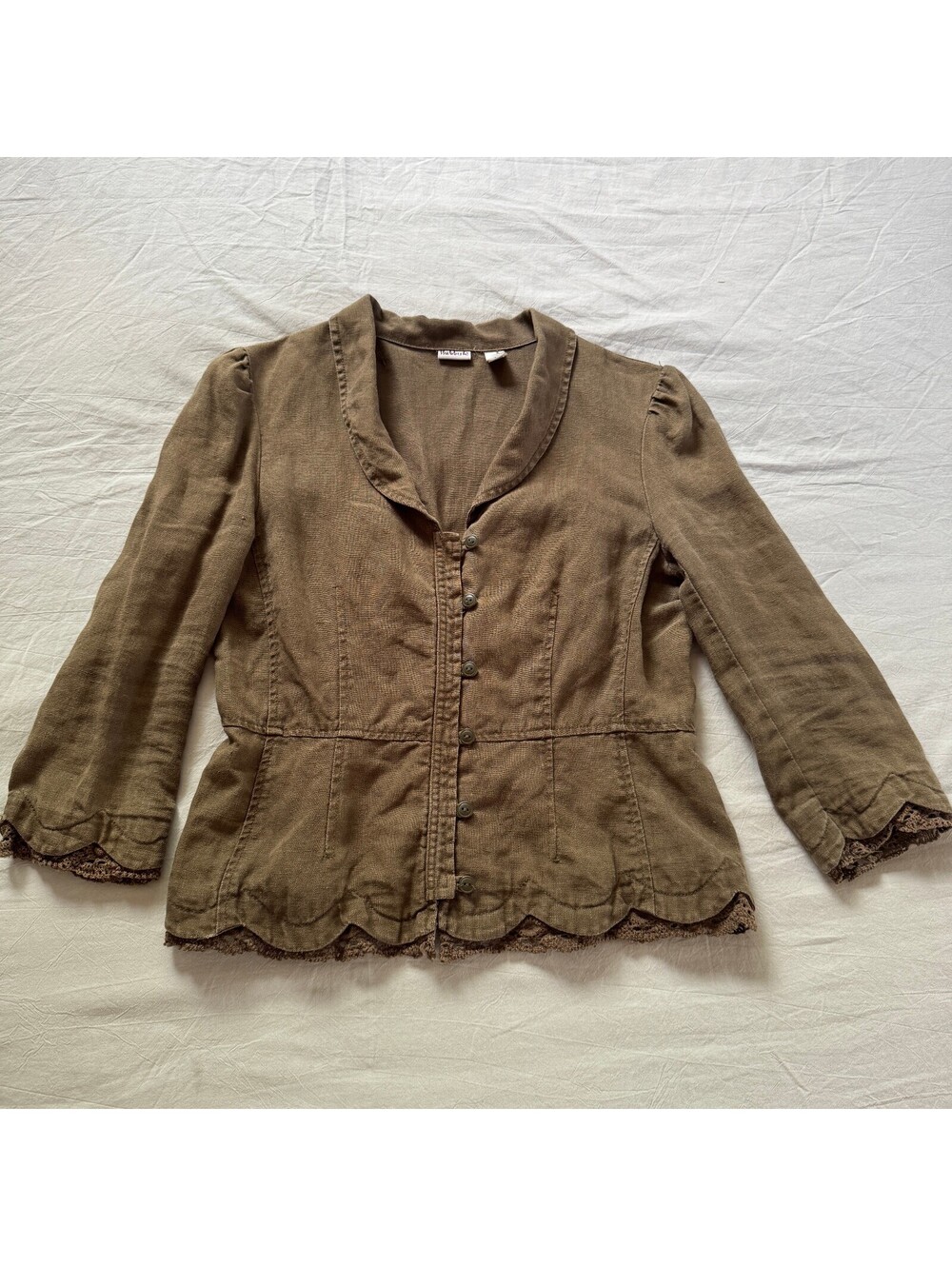 Vintage Rubbish Army Green Linen Lace Trim Peplum Jacket Goblincore Fairycore L